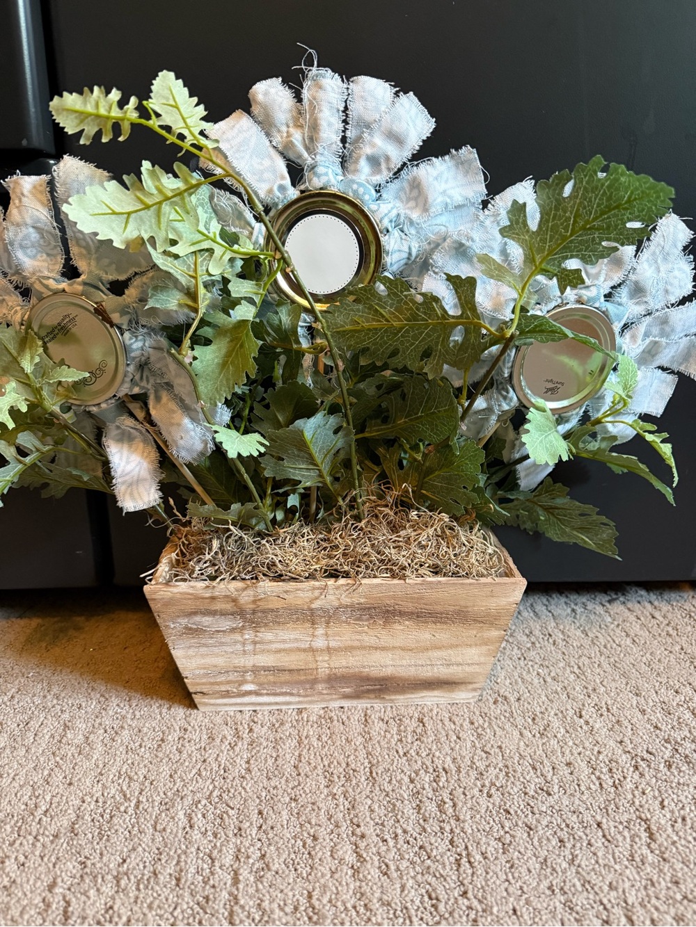Blue Paisley Fabric Sunflower Arrangement in Wood Planter - Picture 7 of 11
